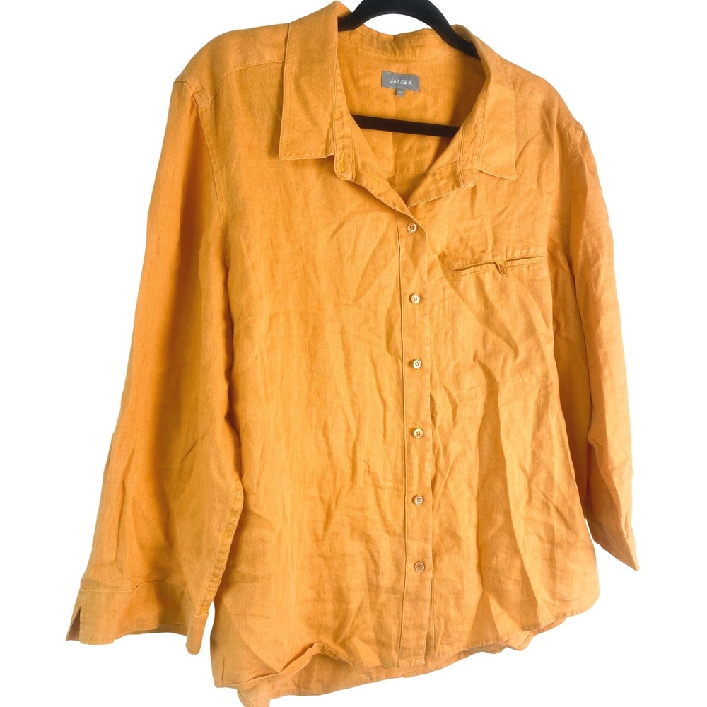 Jaeger Womens 100% Linen Button Up Shirt 18 Orange Roll Tab Coastal Lightweight